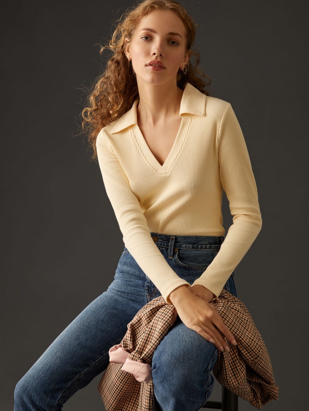 Anthropologie/Dolan Ribbed V-Neck Top — Cream, Size Medium, EUC